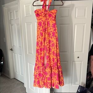 Women's Halter Floral Maxi Dress in Orange and Pink